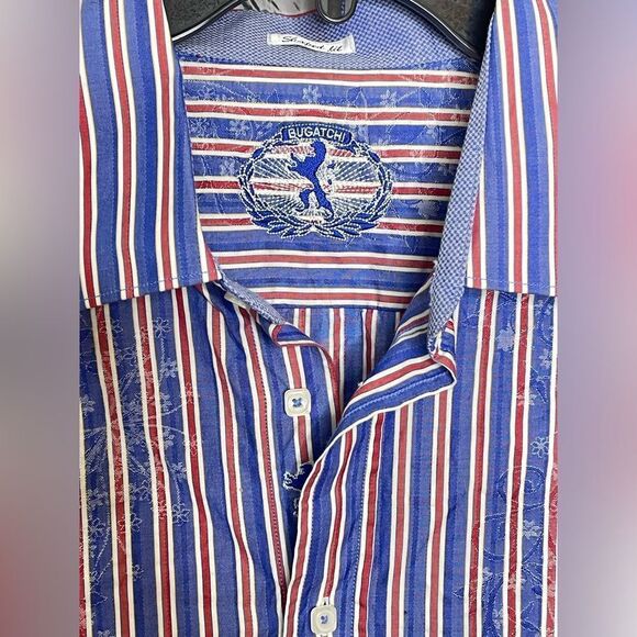 Bugatchi Shaped Fit Button Up Shirt Stripes Blue Red 3X - Picture 2 of 12